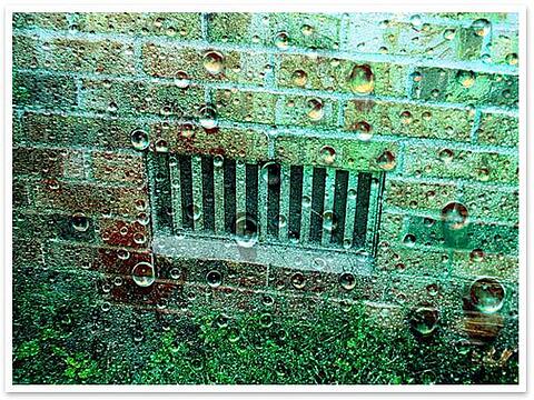 Exterior view of crawl space vent in a brick home, in the rain.