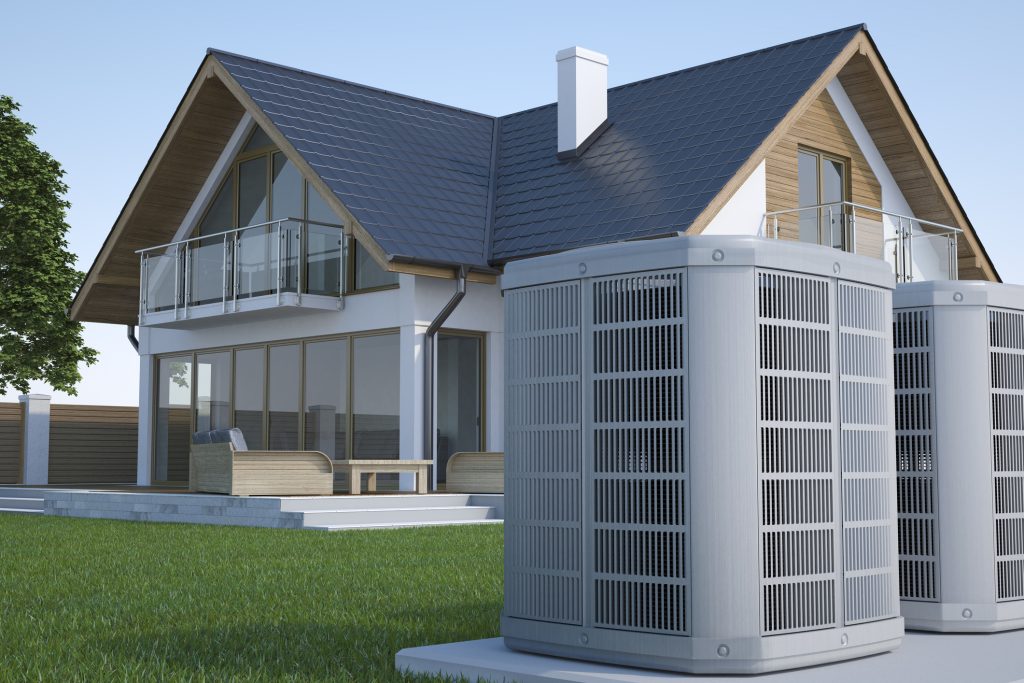 3d illustration of heat pumps on concrete slab outside of a Maryland home.