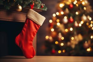 Red Santa Claus hat and sock hanging under christmas tree in the house, Christmas stockings. Generate Ai