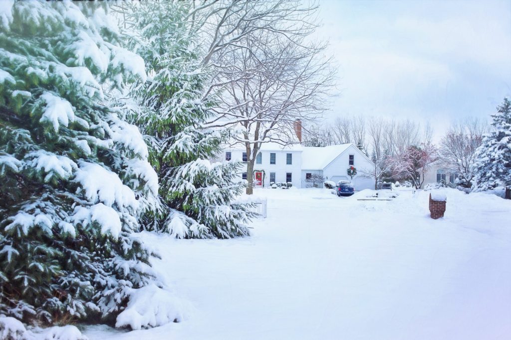 Wintery scene; Northern Virginia home surrounded by trees and snow.